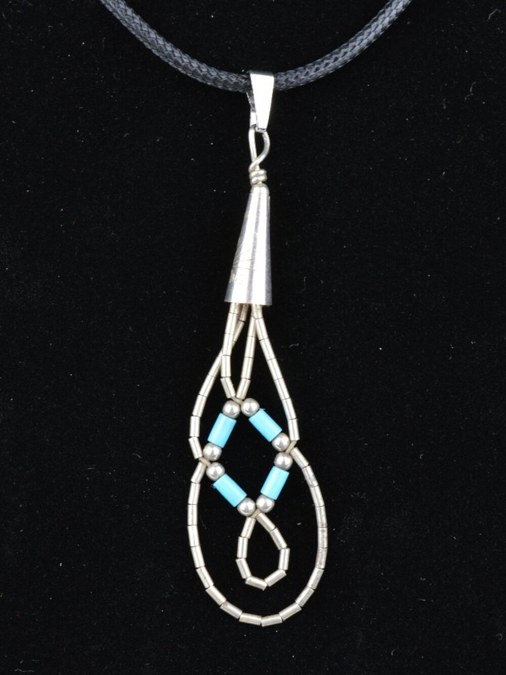 Vtg Navajo Sterling Liquid Silver Basketweave Turquoise Pendant Necklace 2.25"